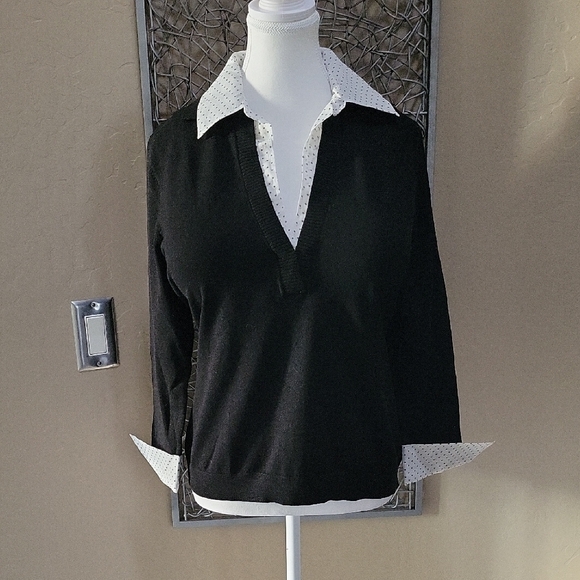 Cable & Gauge Sweaters - Cable & Gauge Black and White Silk Blend V-neck Sweater With Faux Shirt